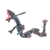 A plush toy of Shiny Rayquaza, a gray and red dragon, is shown in a dynamic pose.