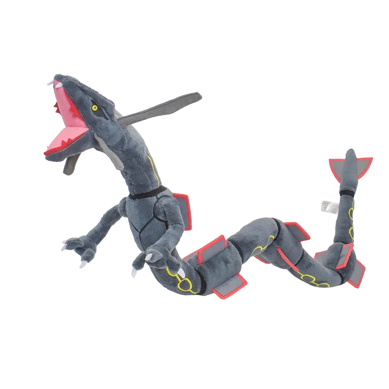 A plush toy of Shiny Rayquaza, a gray and red dragon, is shown in a dynamic pose.