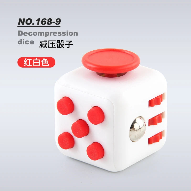 White fidget cube with red buttons and a rotating joystick top