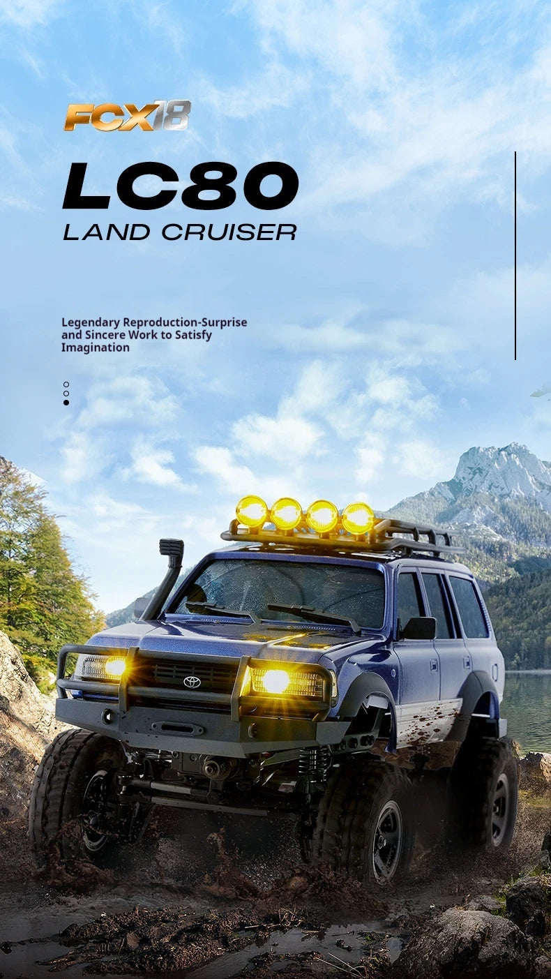 A blue Toyota Land Cruiser model is shown driving off-road in a rugged, natural environment.