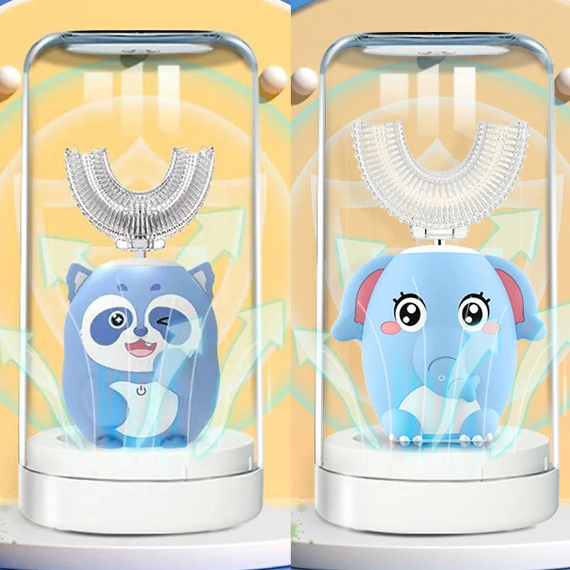 A blue electric toothbrush with a U-shaped head is displayed inside a clear case, featuring a timer and blue light.