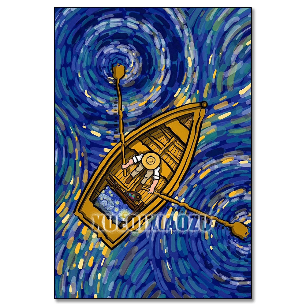 Diamond art painting kit depicting Van Gogh's Starry Night with a boat on the water