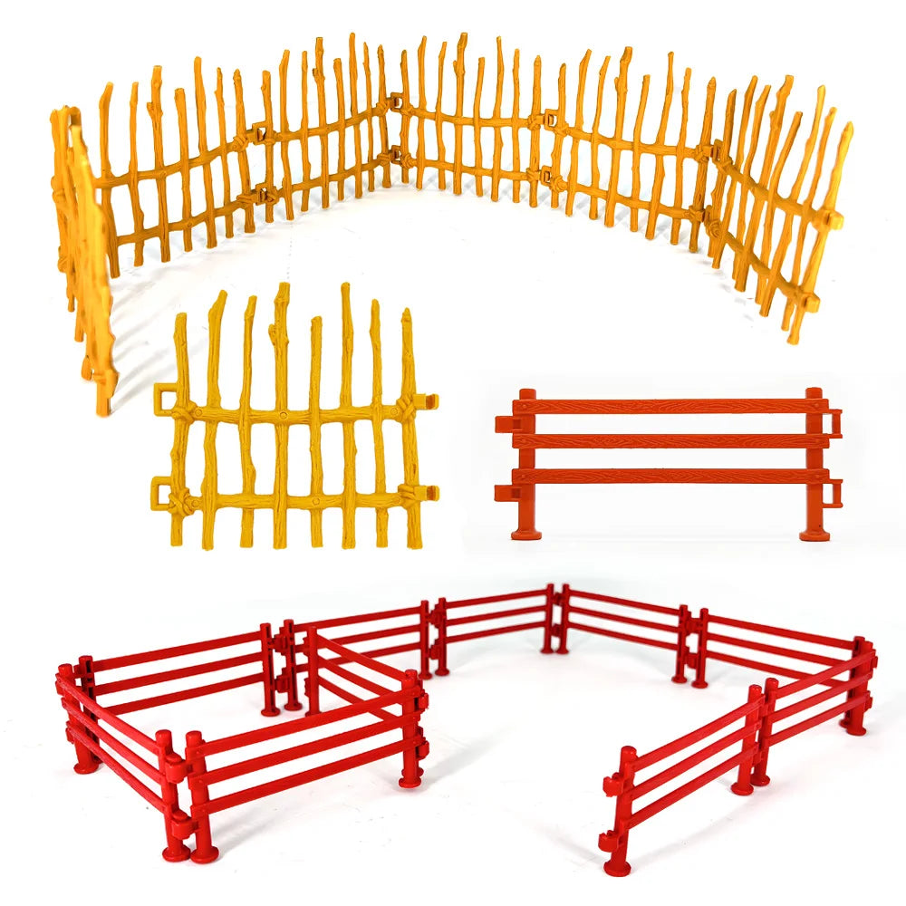 A set of miniature farm fence pieces in yellow and red for use in sand tables and dioramas.