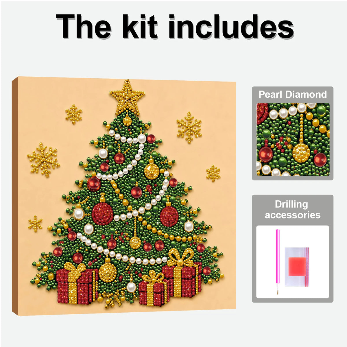 A Christmas tree painting kit featuring a festive tree decorated with pearls and diamonds, along with drilling accessories.