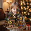 A young girl holds a detailed wooden 3D puzzle dollhouse kit of a magical city castle.