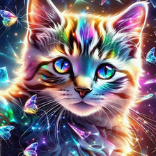 A majestic feline face with glowing, iridescent fur and vibrant, sparkling eyes.