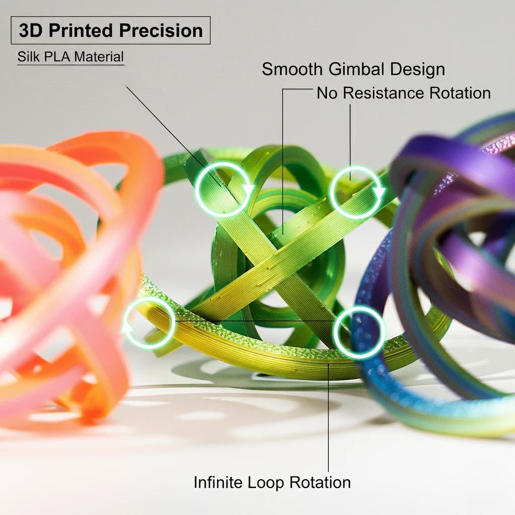 A close-up of a 3D printed silk PLA rainbow spinner ring demonstrating smooth gimbal design and infinite loop rotation.