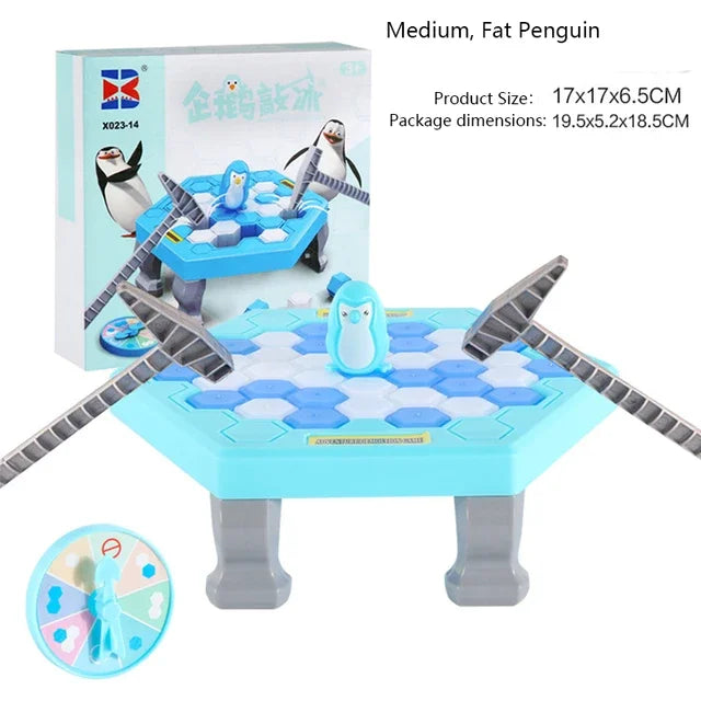 A blue and white penguin ice table game set with a board, pieces, and two penguin figures.