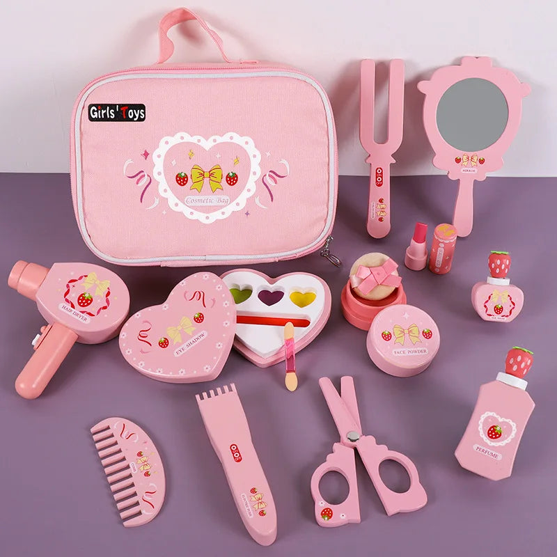 Wooden Pretend Play Makeup Set with Dressing Table & Makeup Bag