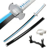 A Demon Slayer anime katana sword with a silver blade, blue grip, and black scabbard, shown alongside its components.
