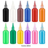A collection of twelve colorful glass dropper bottles containing liquid craft materials for DIY projects.