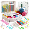 A collection of 59 crochet tools including needles, hooks, and yarn is displayed with an organizer case.