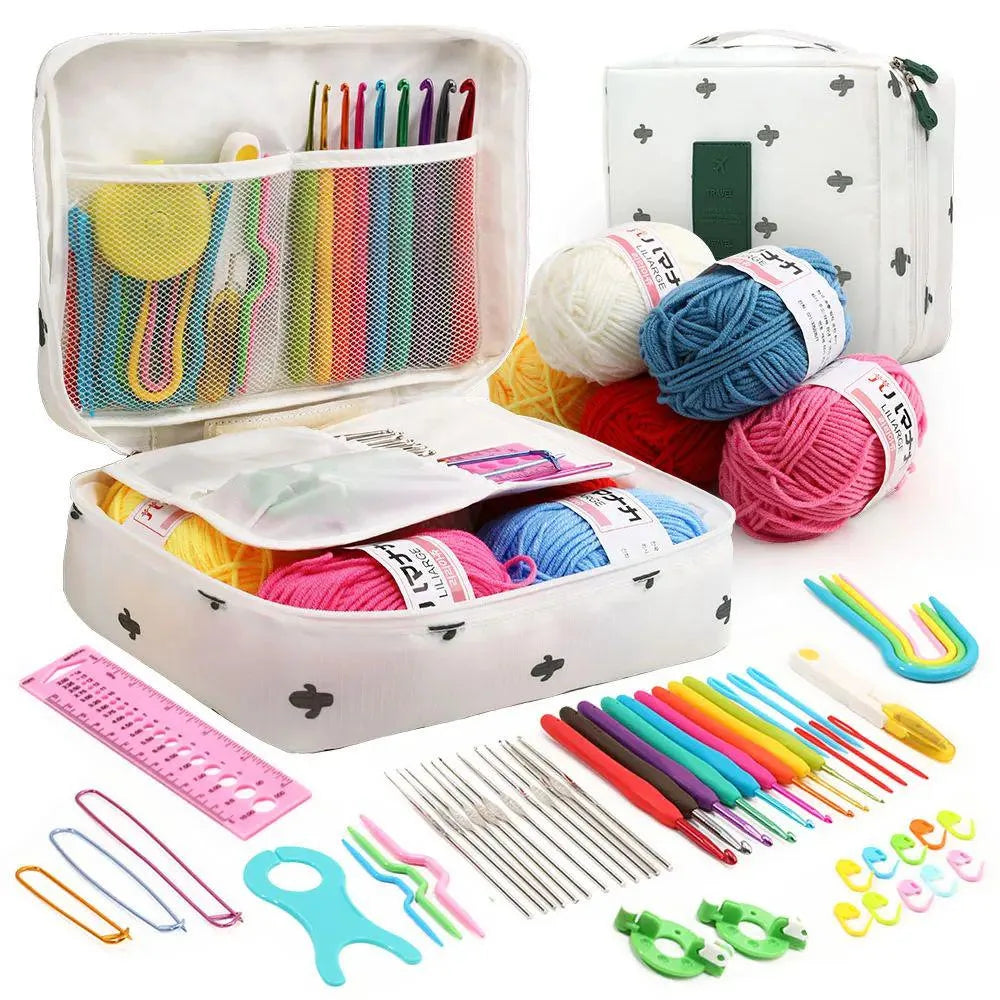 A collection of 59 crochet tools including needles, hooks, and yarn is displayed with an organizer case.