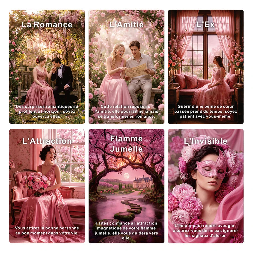 A collection of five cards from a Mystic French Oracle deck featuring themes like Romance, Friendship, Ex, Attraction, Twin F