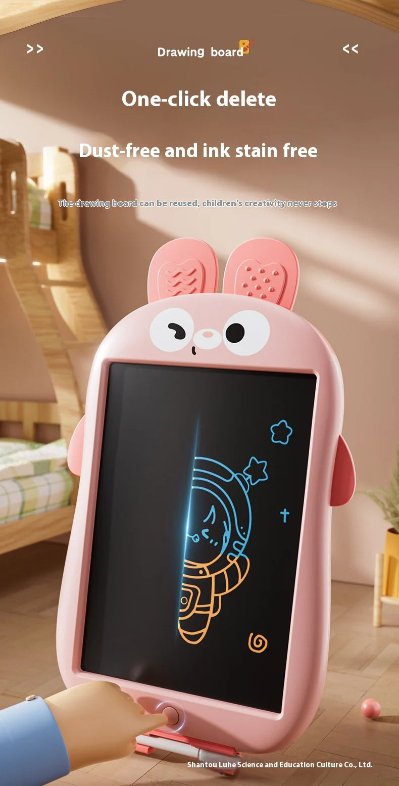 A pink LCD drawing board for kids is shown with a hand writing on the screen in a bright indoor setting.