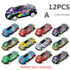 A collection of twelve diecast alloy racing cars in various colors and patterns.