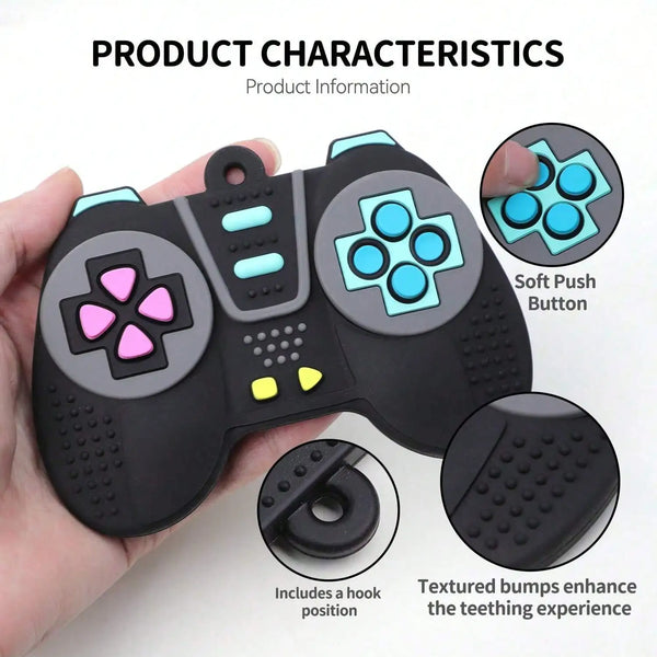 A black silicone dual sensory teething toy is shown being held, featuring a soft push button and textured bumps for teethers.