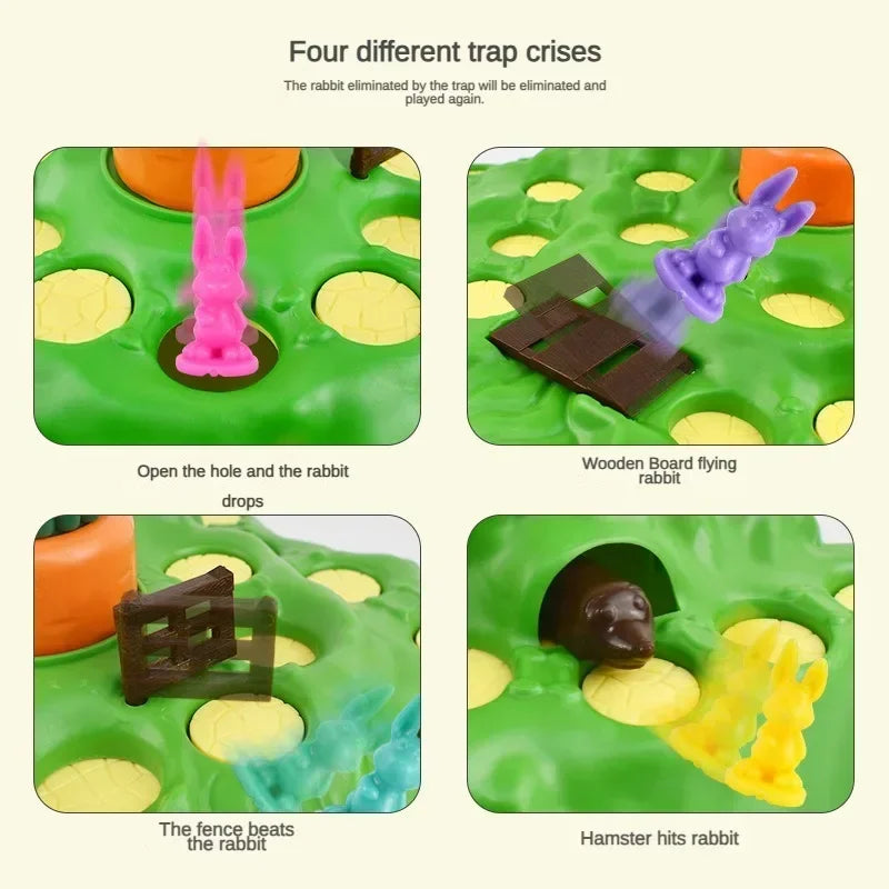 Four different trap crises shown on a green board featuring rabbits and wooden blocks.