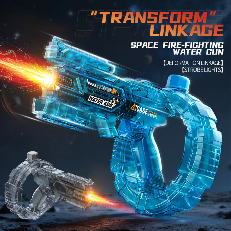 A blue space fire-fighting water gun is shown with a separate suction cup accessory against a dark background.