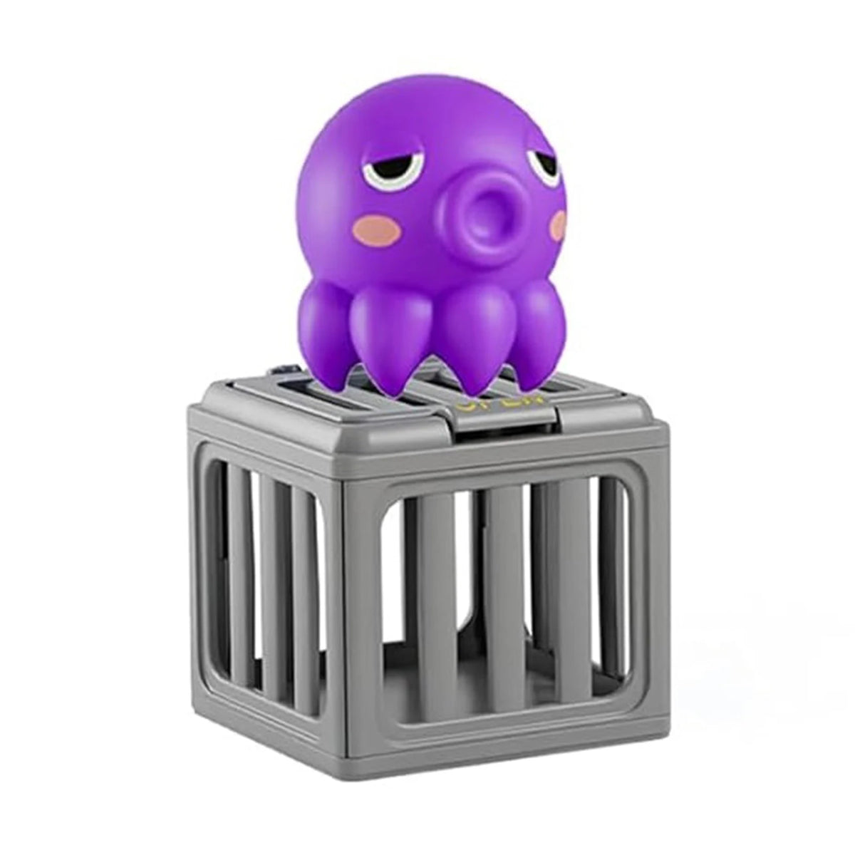 A purple octopus bath and pool toy set with tentacles resting on a gray plastic crate.