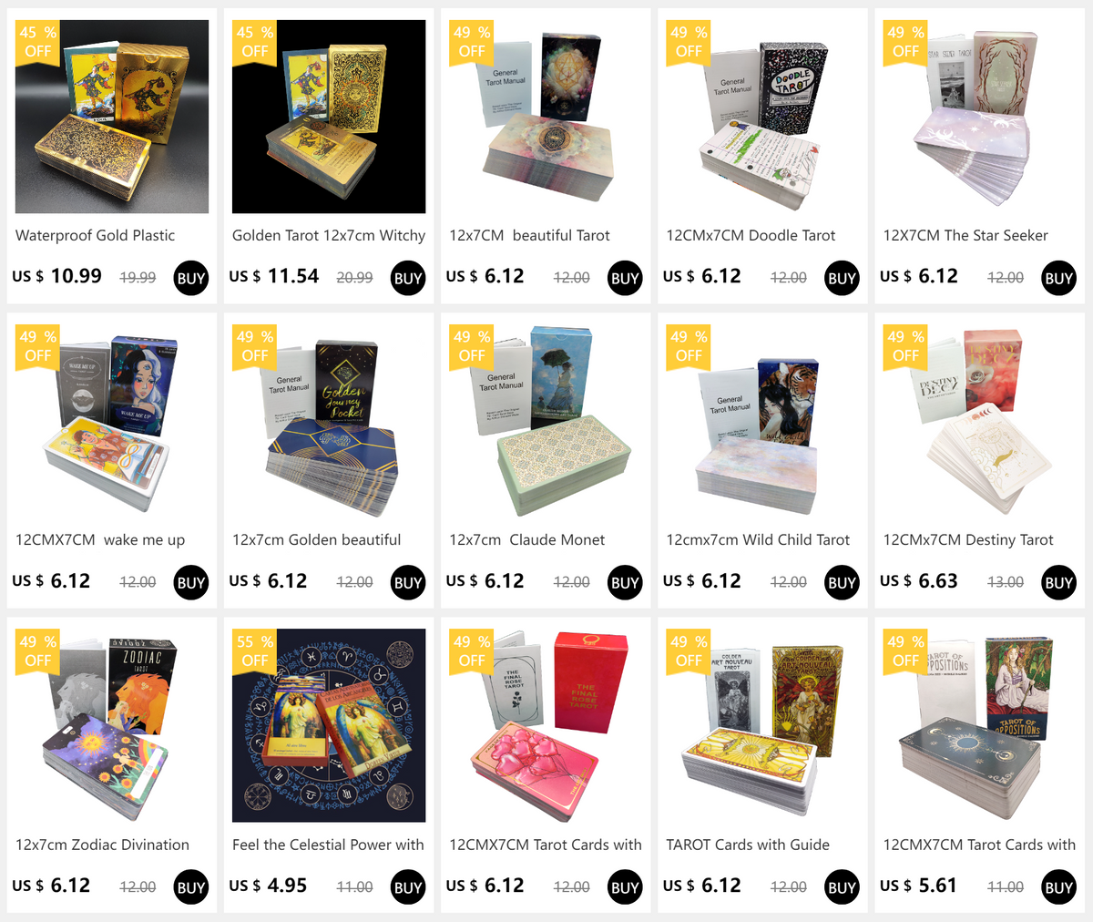 A collection of tarot decks and divination cards including Golden Tarot, Claude Monet Tarot, and Zodiac Divination sets.