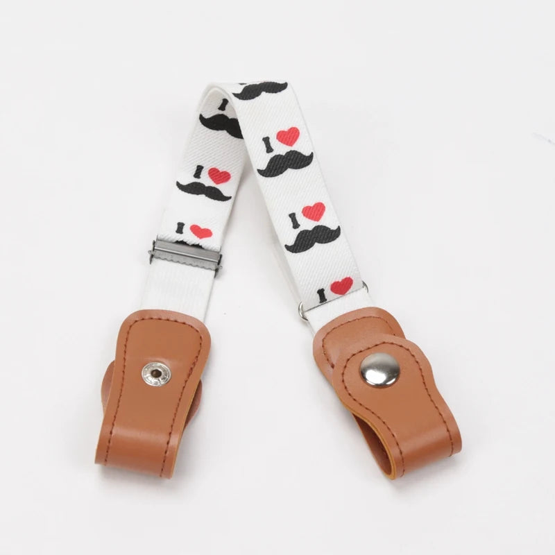 White canvas belt with black mustache and heart designs featuring elastic stretch.