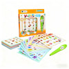 A box and set of colorful flashcards and a green pen for an interactive learning set for toddlers.