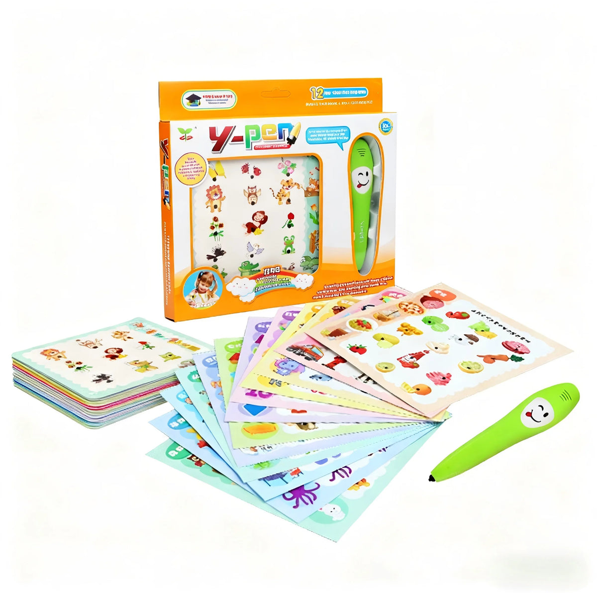 A box and set of colorful flashcards and a green pen for an interactive learning set for toddlers.