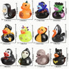 A collection of rubber ducks shaped like Halloween pumpkins, featuring various colors and designs.