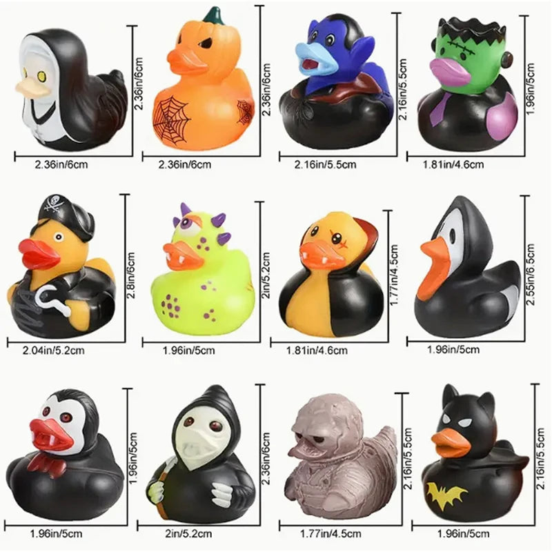 A collection of rubber ducks shaped like Halloween pumpkins, featuring various colors and designs.