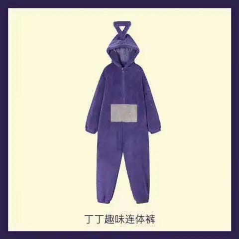 Purple one-piece pajama costume inspired by Teletubbies for adults and kids