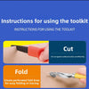 Instructions for using a toolkit showing how to cut and fold cardboard