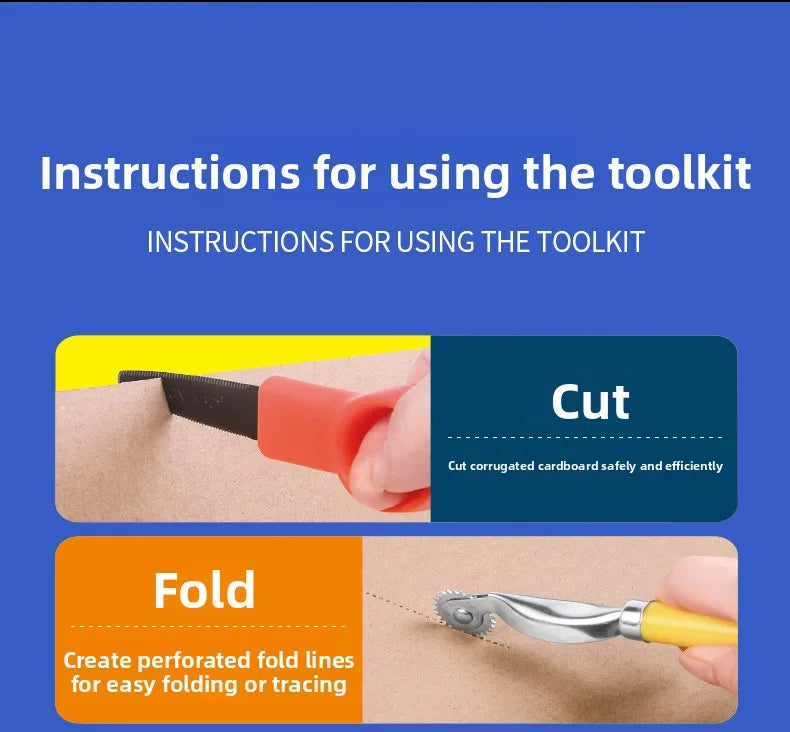 Instructions for using a toolkit showing how to cut and fold cardboard