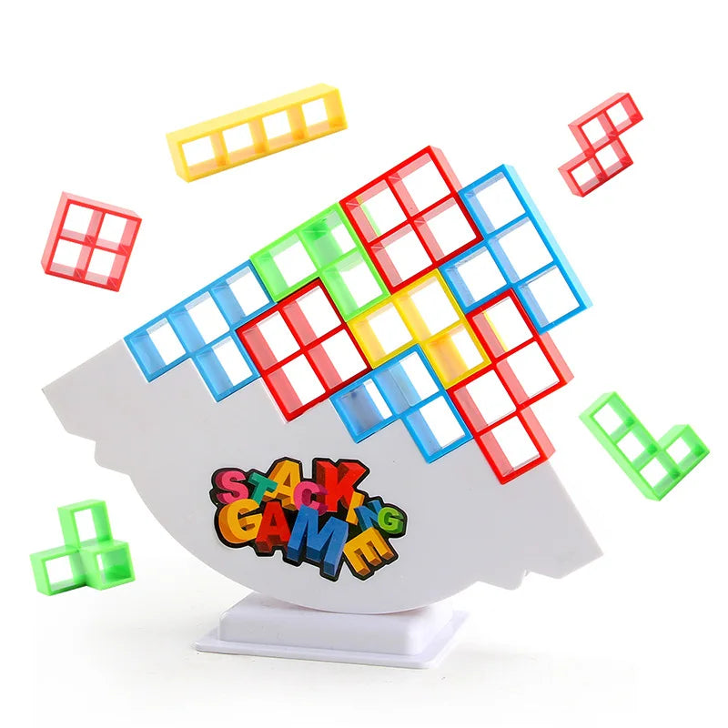 A collection of colorful plastic stacking blocks in various shapes and colors, including red, green, yellow, and blue, are sc
