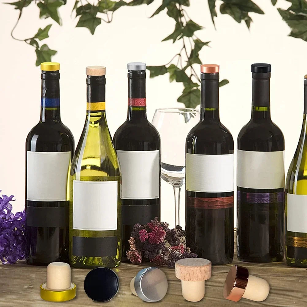 A set of ten reusable T-shaped wine bottle stoppers with various colored corks and bottle necks displayed against a leafy bac