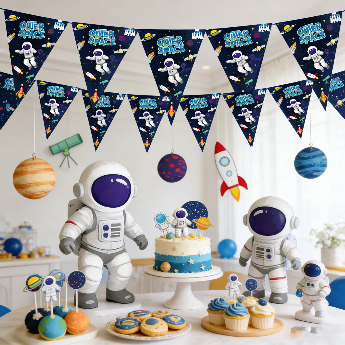 A collection of outer space astronaut party décor including flags, balloons, and figures on a white table.