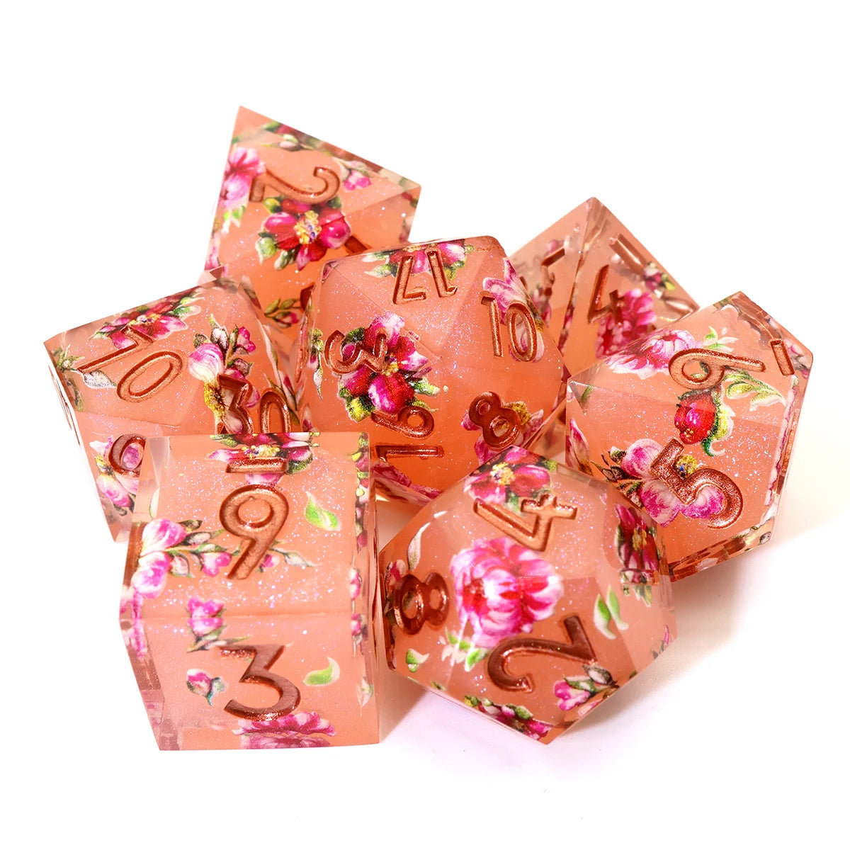 Handmade Resin D&D Dice Set – 7 Polyhedral Dice with Floral Design