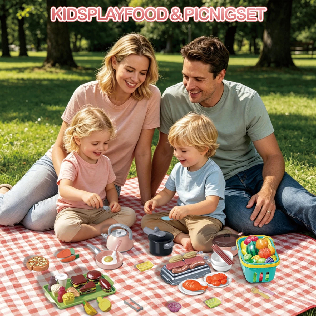 A family is enjoying a Kids Playfood and Picnic Set outdoors with fruits, vegetables, and cookware on a checkered blanket.