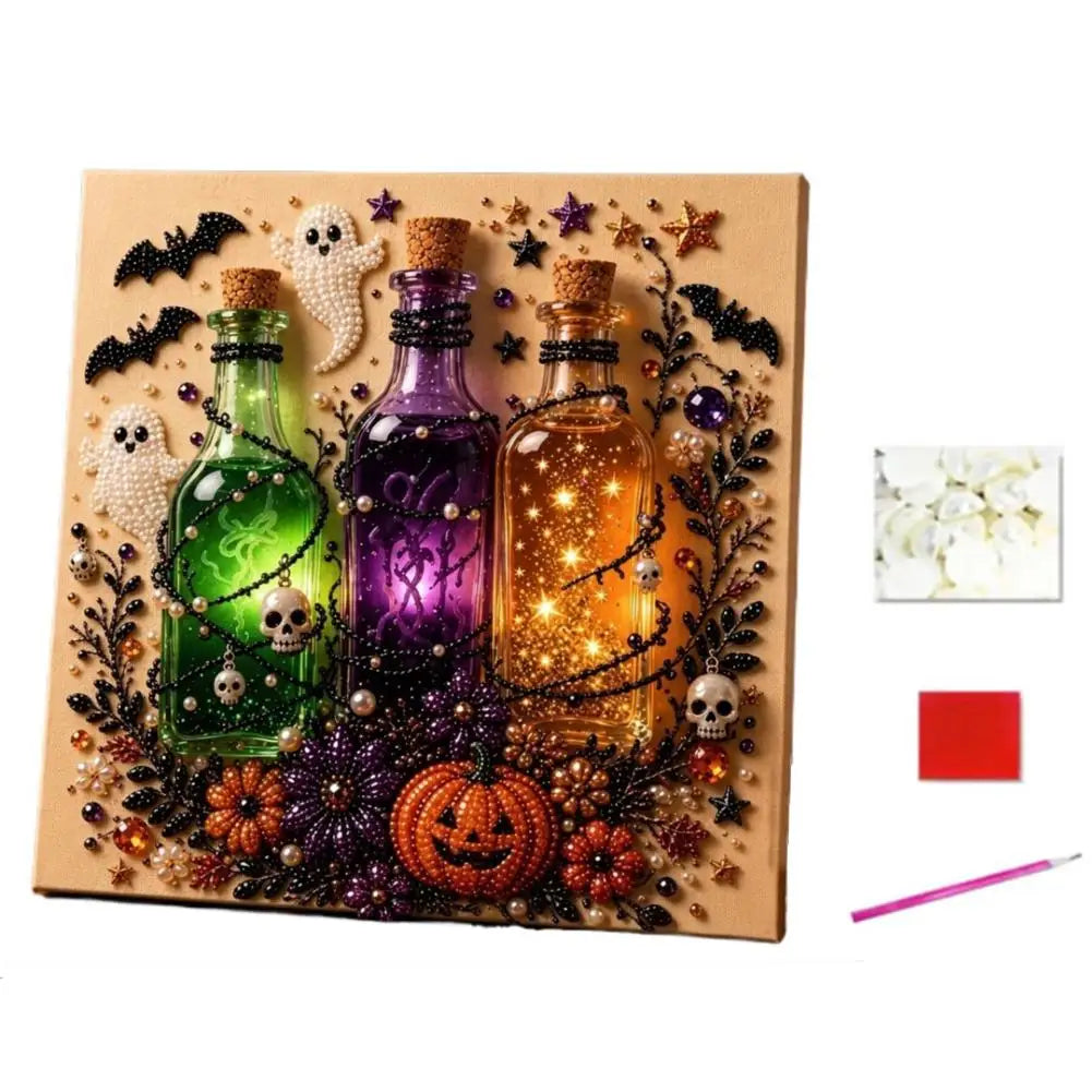 A DIY diamond painting kit featuring three glass bottles decorated with skulls and pearls, set against a Halloween theme.