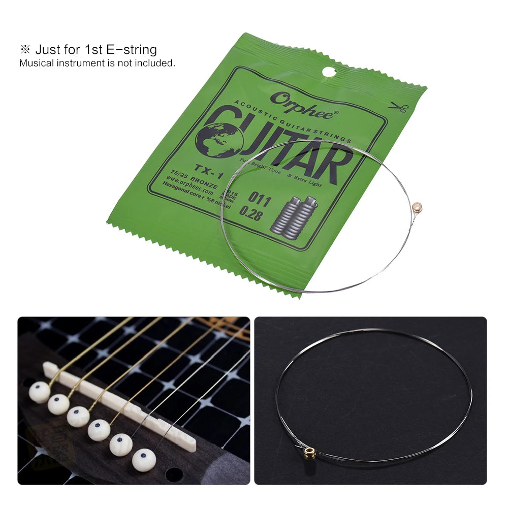 A packet of Orphee guitar strings and a coil of extra light bronze acoustic guitar replacement strings.