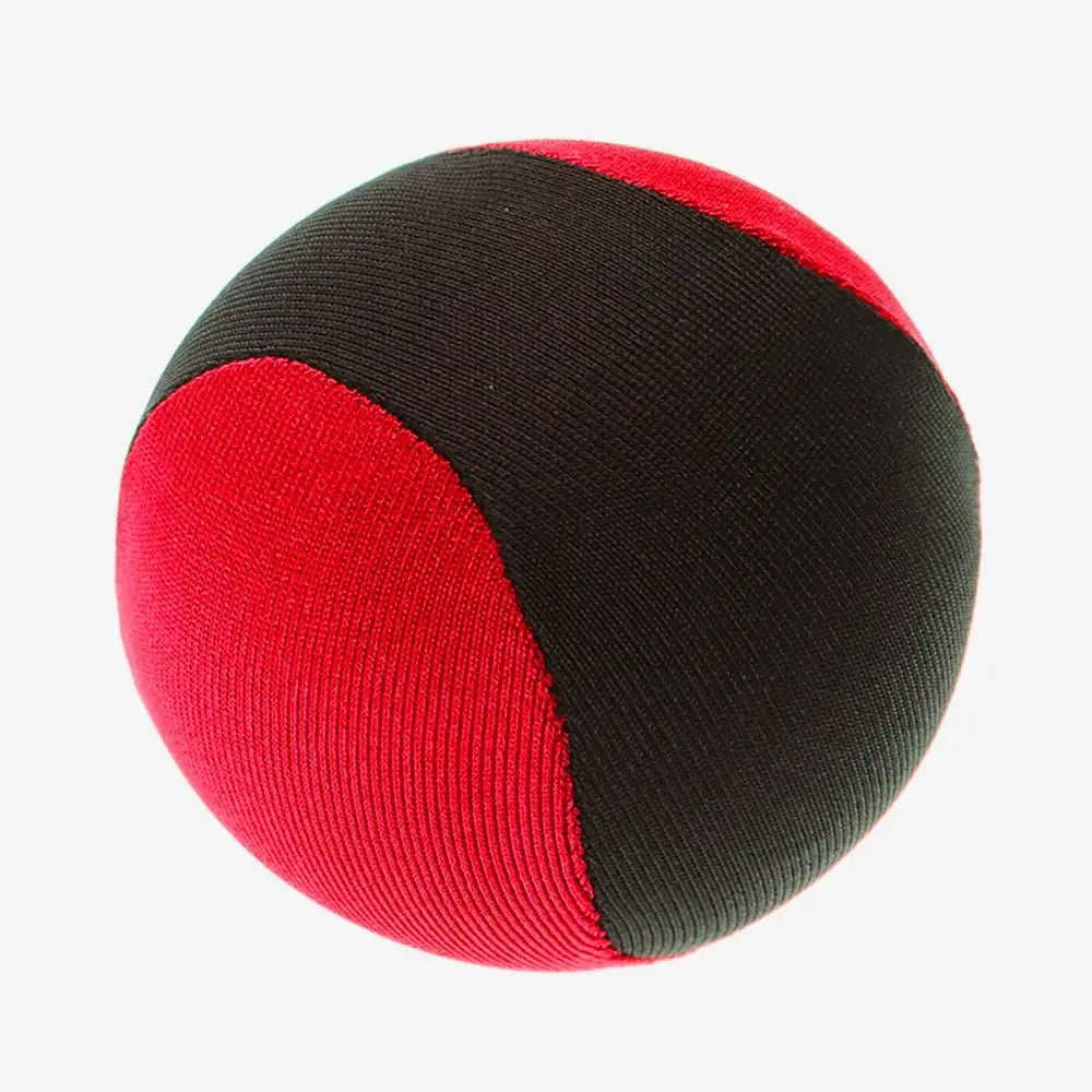 A black and red water bouncing ball with a segmented design.