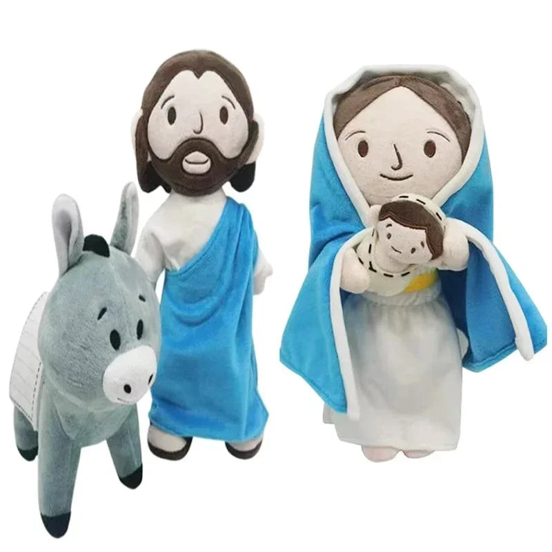 A plush doll set featuring Jesus and the Virgin Mary with soft fabric clothing.