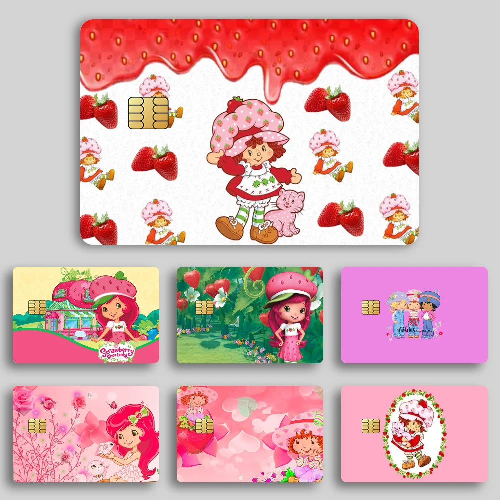 A set of four cute card stickers featuring strawberry and shortcake themes with various characters and designs.