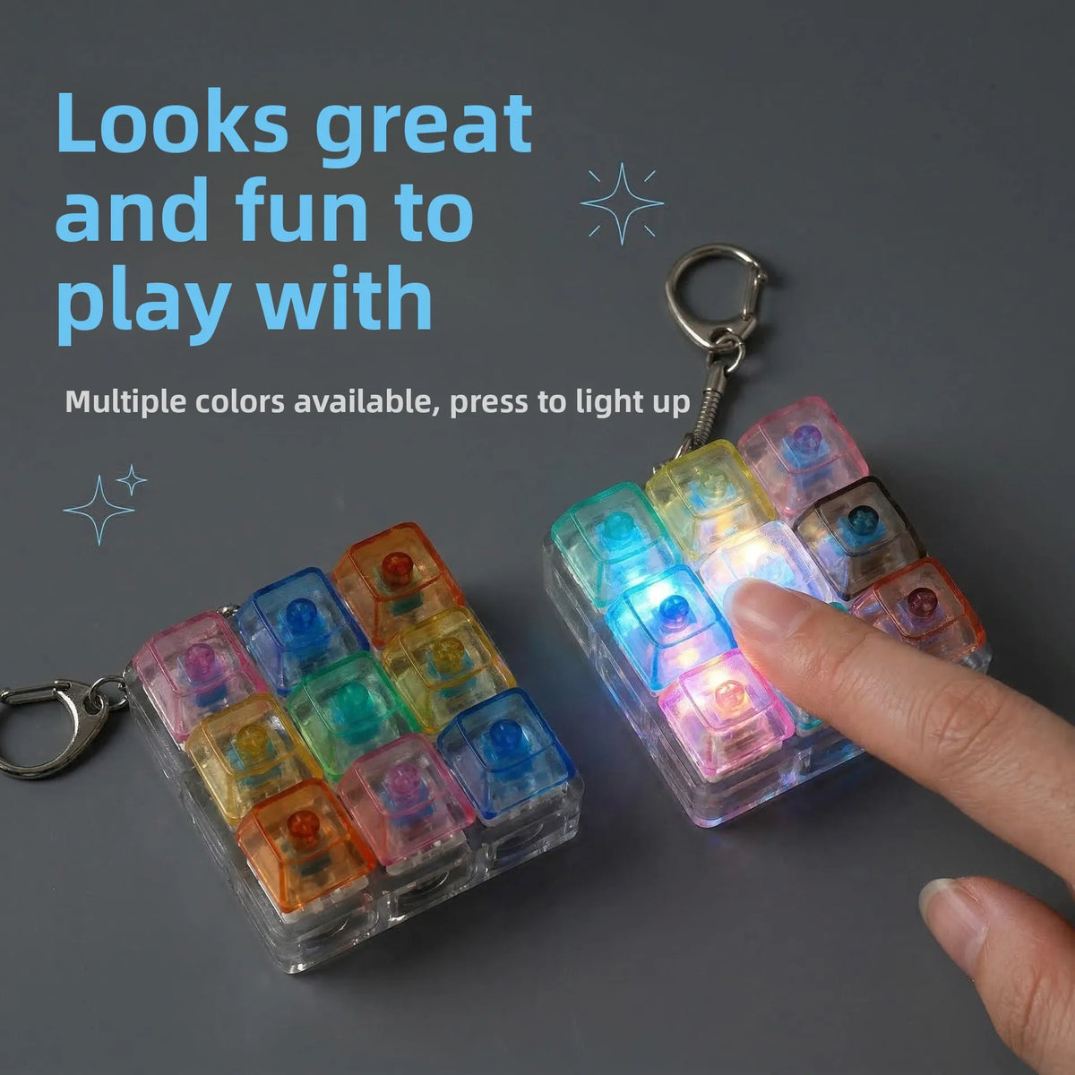A clear plastic keychain featuring multiple colored LED keycaps for fidget relief.