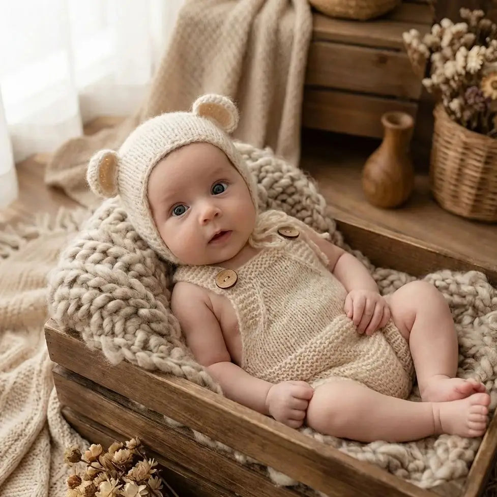 Hand-Knitted Newborn Romper and Hat Set for Photo Sessions