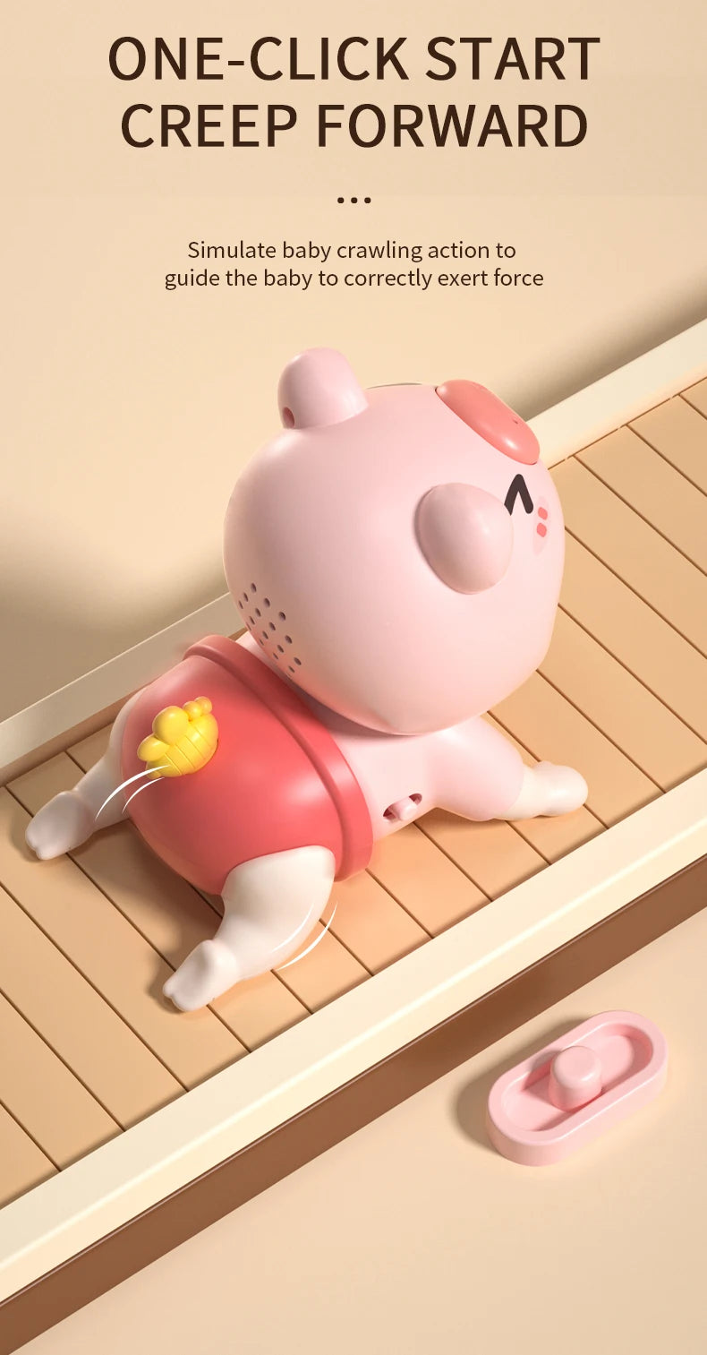 A pink piggy-shaped baby crawling toy is shown simulating crawling action on a wooden surface.