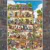 A colorful illustration depicting a detailed scene of a busy, cozy home interior with various activities and items.