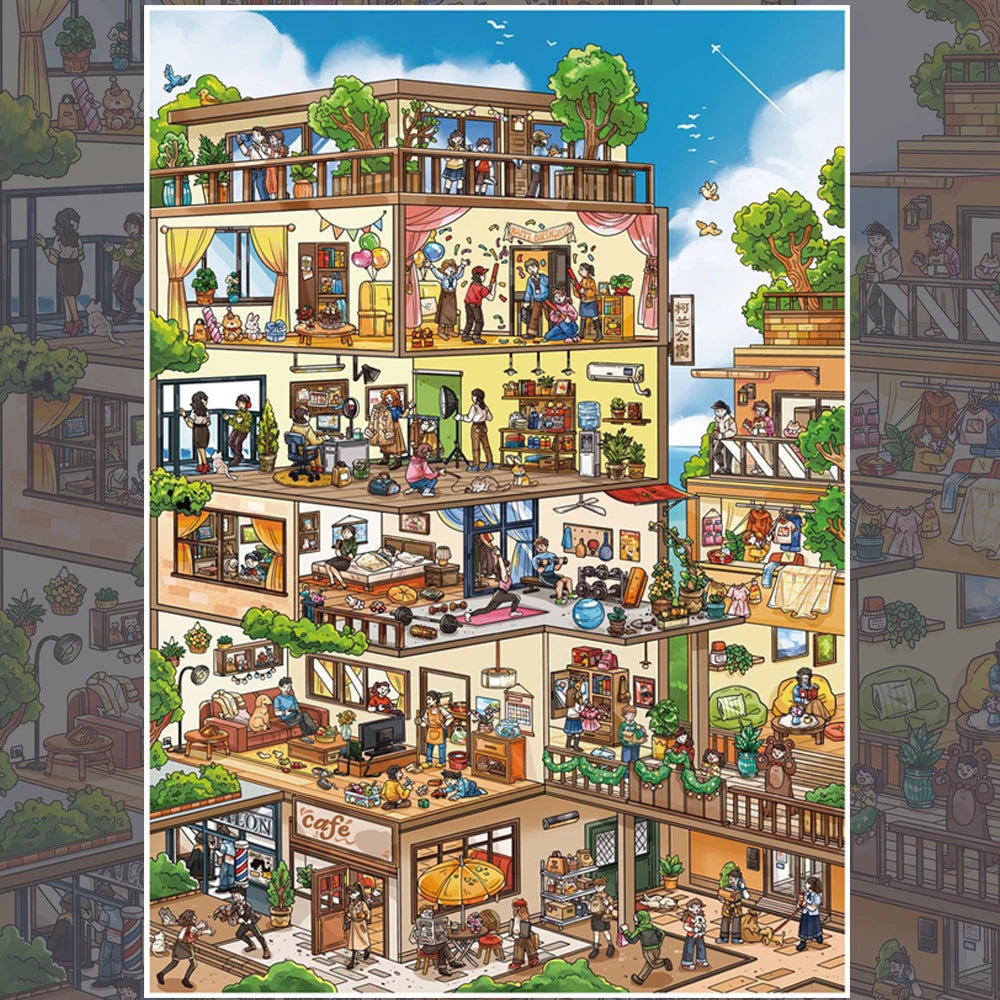 A colorful illustration depicting a detailed scene of a busy, cozy home interior with various activities and items.