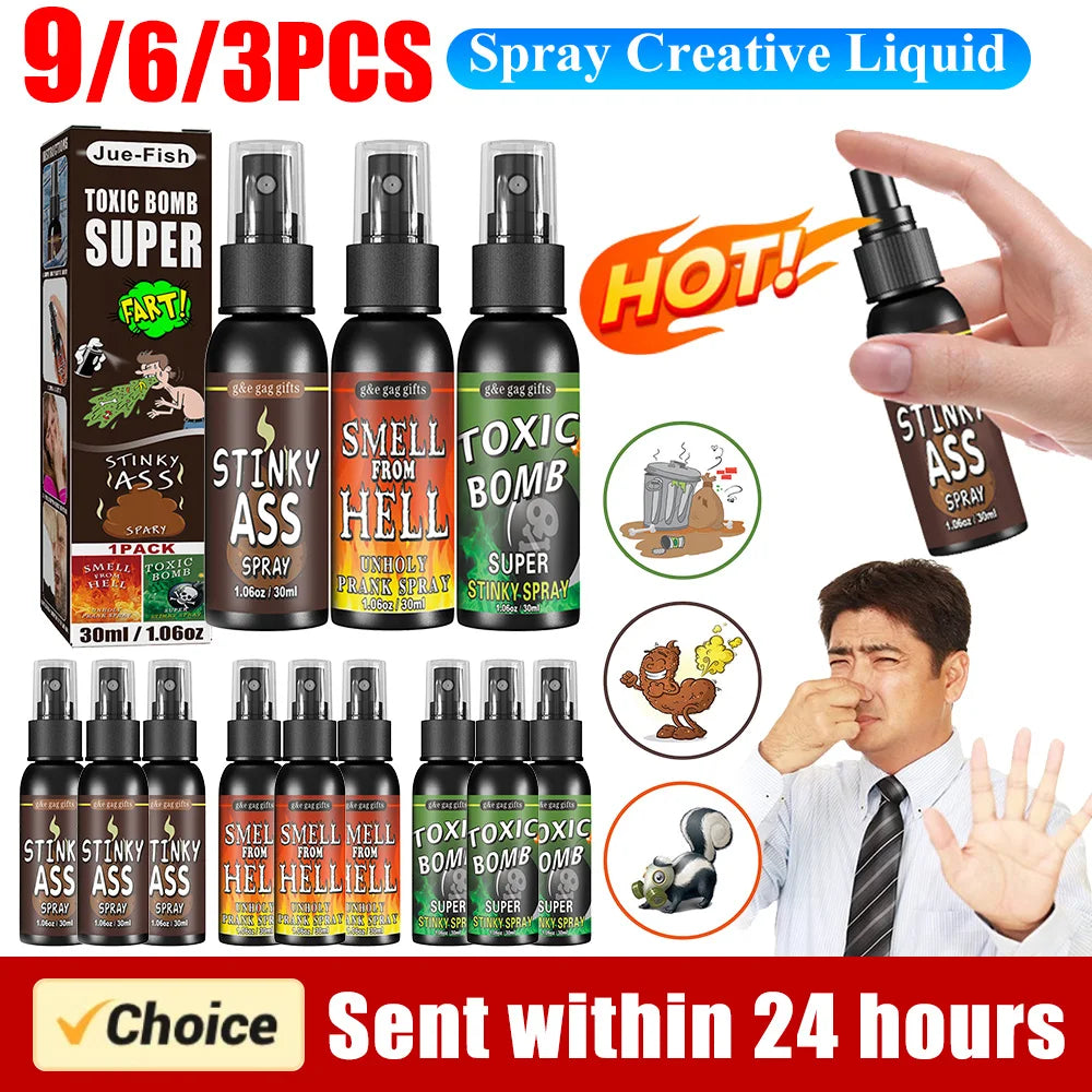 A collection of liquid sprays including Toxic Bomb, Stinky Ass, and Smell Hell for pranks.