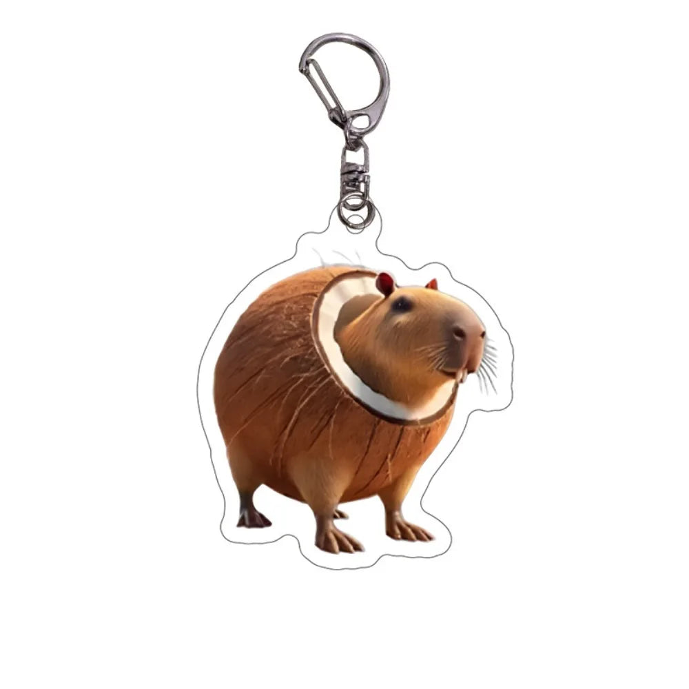 Acrylic keychain featuring a cartoon depiction of a brown rodent with a prominent ear and whiskers.